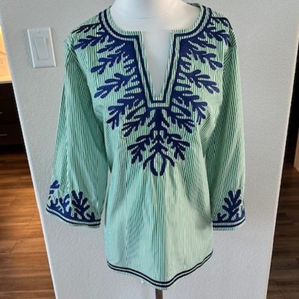 Gretchen Scott Green & White Striped Tunic w/Navy Blue Coral Embroidery Size XL